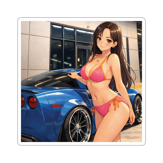Bikini Anime Girl with Sports Car Kiss-Cut Sticker